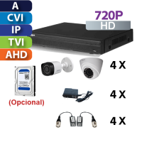 Kit de  4 Cámaras  720p / HD para INSTALAR con UTP, Grabador  4Ch, Transformadores y Baluns Dahua
